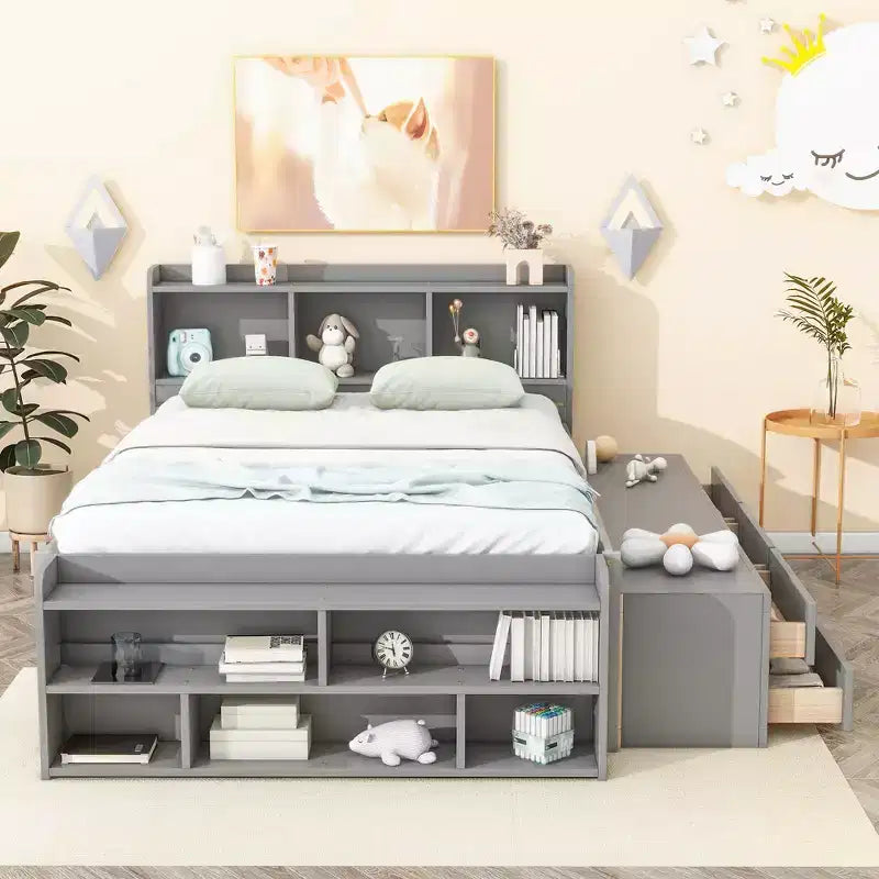 Letto a piattaforma matrimoniale/grande, colore espresso/grigio/bianco con testiera a libreria e 6 cassetti portaoggetti, adatto per 1-2 persone