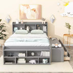 Letto a piattaforma matrimoniale/grande, colore espresso/grigio/bianco con testiera a libreria e 6 cassetti portaoggetti, adatto per 1-2 persone