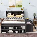 Letto a piattaforma matrimoniale/grande, colore espresso/grigio/bianco con testiera a libreria e 6 cassetti portaoggetti, adatto per 1-2 persone