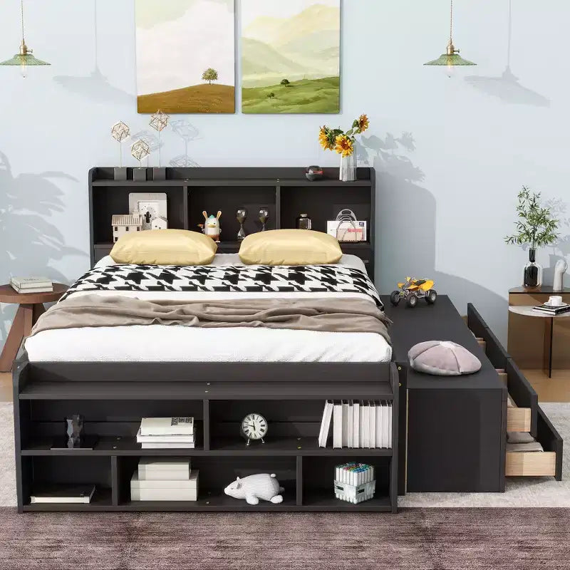 Letto a piattaforma matrimoniale/grande, colore espresso/grigio/bianco con testiera a libreria e 6 cassetti portaoggetti, adatto per 1-2 persone