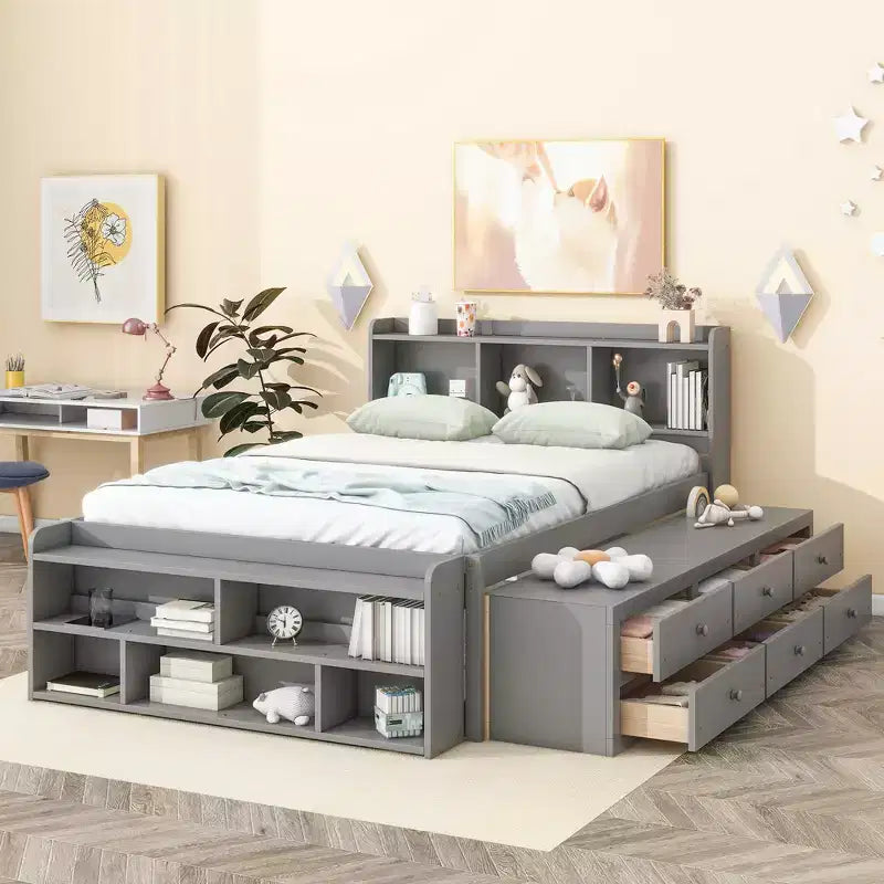 Letto a piattaforma matrimoniale/grande, colore espresso/grigio/bianco con testiera a libreria e 6 cassetti portaoggetti, adatto per 1-2 persone