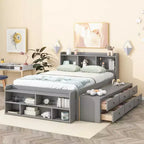 Letto a piattaforma matrimoniale/grande, colore espresso/grigio/bianco con testiera a libreria e 6 cassetti portaoggetti, adatto per 1-2 persone