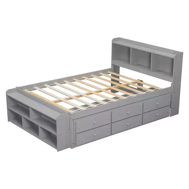 Letto a piattaforma matrimoniale/grande, colore espresso/grigio/bianco con testiera a libreria e 6 cassetti portaoggetti, adatto per 1-2 persone