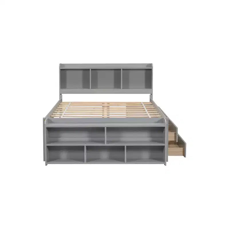 Letto a piattaforma matrimoniale/grande, colore espresso/grigio/bianco con testiera a libreria e 6 cassetti portaoggetti, adatto per 1-2 persone