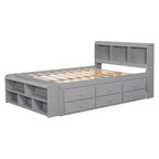 Letto a piattaforma matrimoniale/grande, colore espresso/grigio/bianco con testiera a libreria e 6 cassetti portaoggetti, adatto per 1-2 persone