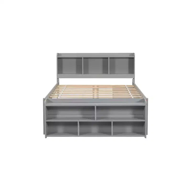 Letto a piattaforma matrimoniale/grande, colore espresso/grigio/bianco con testiera a libreria e 6 cassetti portaoggetti, adatto per 1-2 persone