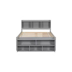 Letto a piattaforma matrimoniale/grande, colore espresso/grigio/bianco con testiera a libreria e 6 cassetti portaoggetti, adatto per 1-2 persone