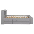 Letto a piattaforma matrimoniale/grande, colore espresso/grigio/bianco con testiera a libreria e 6 cassetti portaoggetti, adatto per 1-2 persone