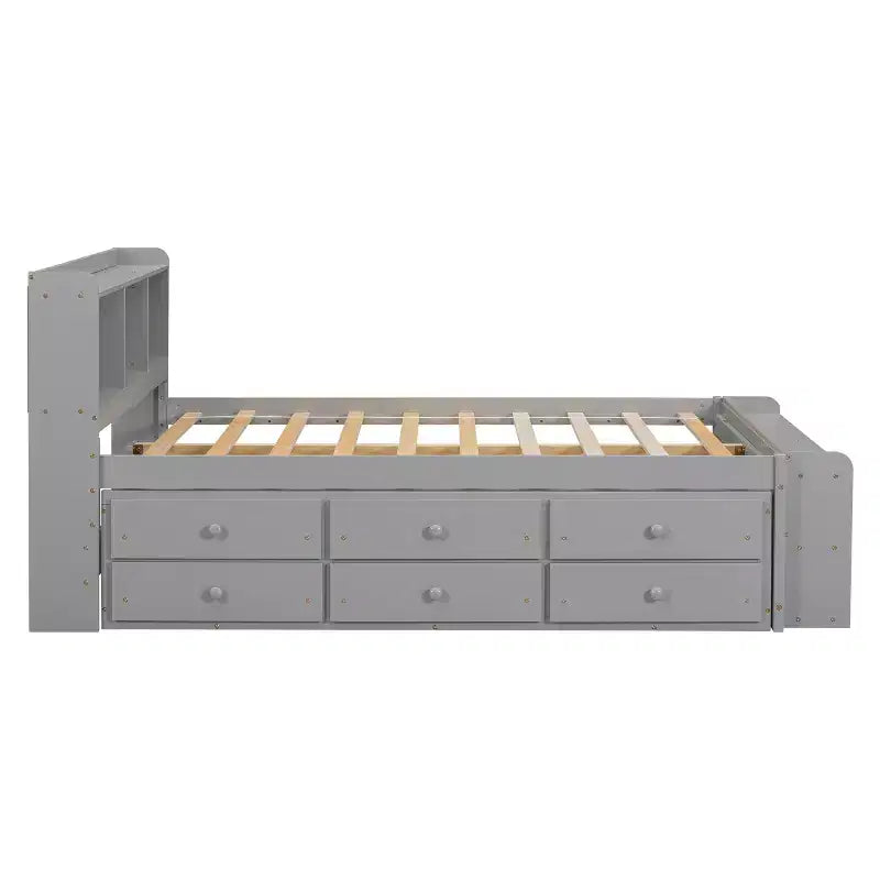 Letto a piattaforma matrimoniale/grande, colore espresso/grigio/bianco con testiera a libreria e 6 cassetti portaoggetti, adatto per 1-2 persone