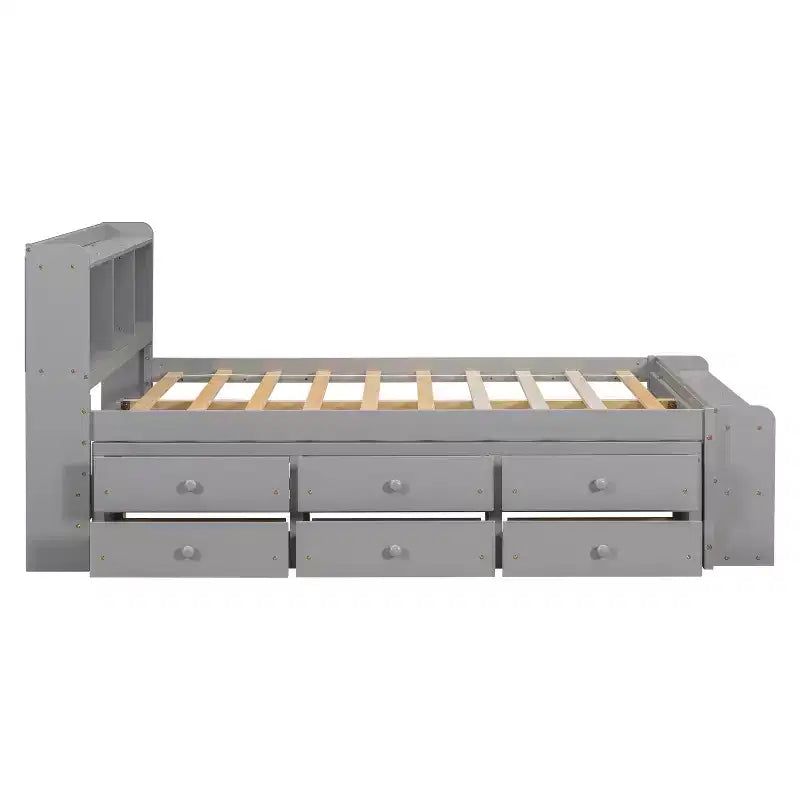 Letto a piattaforma matrimoniale/grande, colore espresso/grigio/bianco con testiera a libreria e 6 cassetti portaoggetti, adatto per 1-2 persone