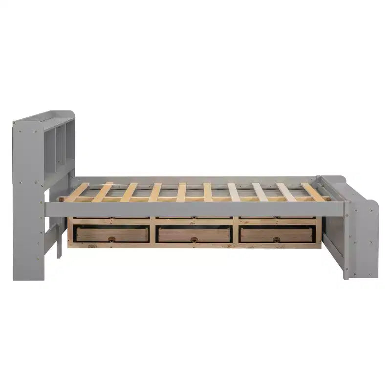 Letto a piattaforma matrimoniale/grande, colore espresso/grigio/bianco con testiera a libreria e 6 cassetti portaoggetti, adatto per 1-2 persone