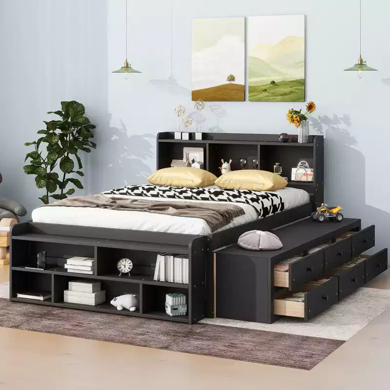 Letto a piattaforma matrimoniale/grande, colore espresso/grigio/bianco con testiera a libreria e 6 cassetti portaoggetti, adatto per 1-2 persone