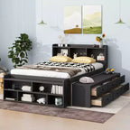 Letto a piattaforma matrimoniale/grande, colore espresso/grigio/bianco con testiera a libreria e 6 cassetti portaoggetti, adatto per 1-2 persone