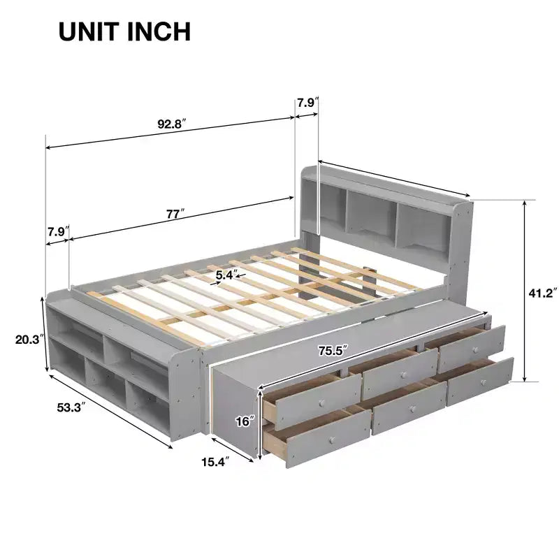 Letto a piattaforma matrimoniale/grande, colore espresso/grigio/bianco con testiera a libreria e 6 cassetti portaoggetti, adatto per 1-2 persone