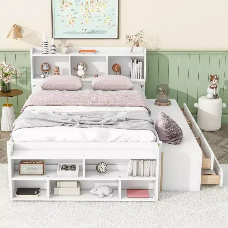 Letto a piattaforma matrimoniale/grande, colore espresso/grigio/bianco con testiera a libreria e 6 cassetti portaoggetti, adatto per 1-2 persone