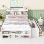 Letto a piattaforma matrimoniale/grande, colore espresso/grigio/bianco con testiera a libreria e 6 cassetti portaoggetti, adatto per 1-2 persone