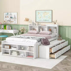 Letto a piattaforma matrimoniale/grande, colore espresso/grigio/bianco con testiera a libreria e 6 cassetti portaoggetti, adatto per 1-2 persone