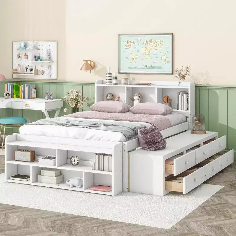 Letto a piattaforma matrimoniale/grande, colore espresso/grigio/bianco con testiera a libreria e 6 cassetti portaoggetti, adatto per 1-2 persone