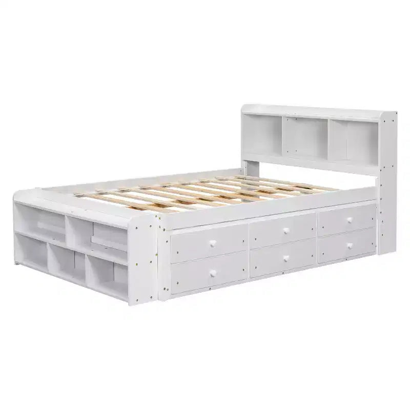 Letto a piattaforma matrimoniale/grande, colore espresso/grigio/bianco con testiera a libreria e 6 cassetti portaoggetti, adatto per 1-2 persone