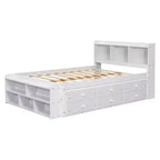 Letto a piattaforma matrimoniale/grande, colore espresso/grigio/bianco con testiera a libreria e 6 cassetti portaoggetti, adatto per 1-2 persone