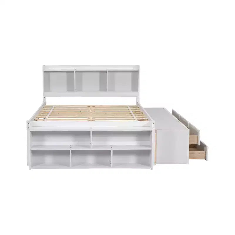 Letto a piattaforma matrimoniale/grande, colore espresso/grigio/bianco con testiera a libreria e 6 cassetti portaoggetti, adatto per 1-2 persone