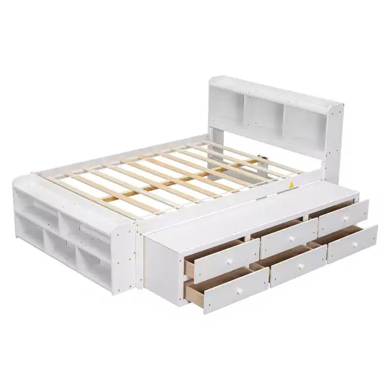 Letto a piattaforma matrimoniale/grande, colore espresso/grigio/bianco con testiera a libreria e 6 cassetti portaoggetti, adatto per 1-2 persone