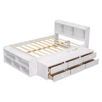 Letto a piattaforma matrimoniale/grande, colore espresso/grigio/bianco con testiera a libreria e 6 cassetti portaoggetti, adatto per 1-2 persone