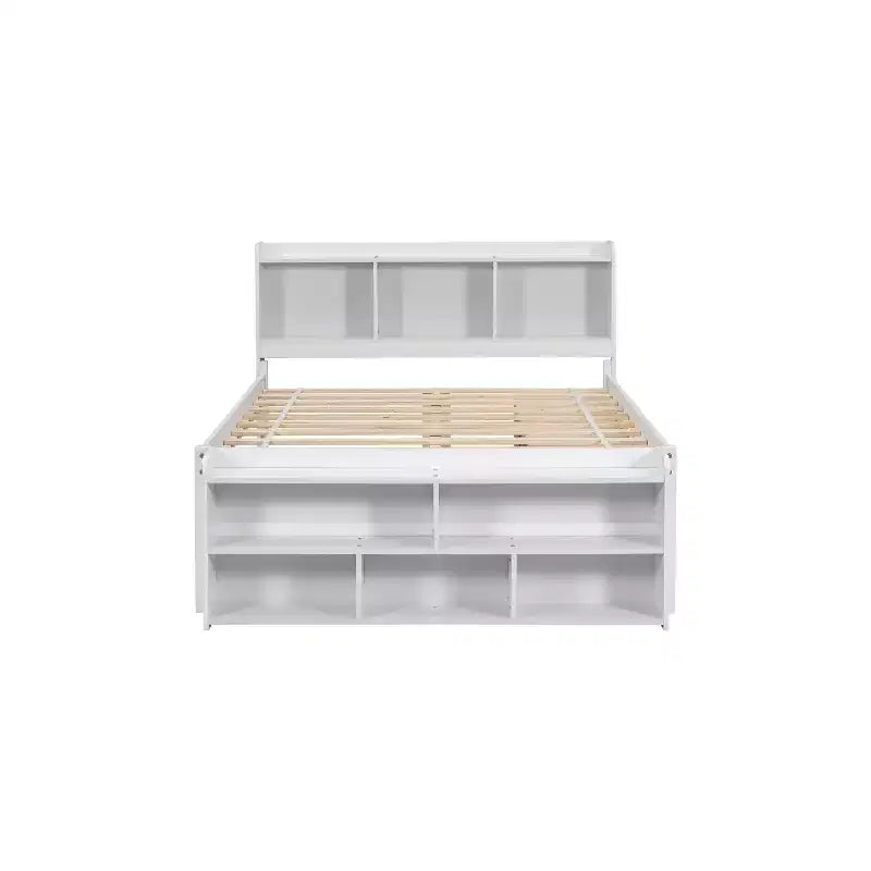 Letto a piattaforma matrimoniale/grande, colore espresso/grigio/bianco con testiera a libreria e 6 cassetti portaoggetti, adatto per 1-2 persone