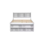Letto a piattaforma matrimoniale/grande, colore espresso/grigio/bianco con testiera a libreria e 6 cassetti portaoggetti, adatto per 1-2 persone