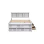 Letto a piattaforma matrimoniale/grande, colore espresso/grigio/bianco con testiera a libreria e 6 cassetti portaoggetti, adatto per 1-2 persone