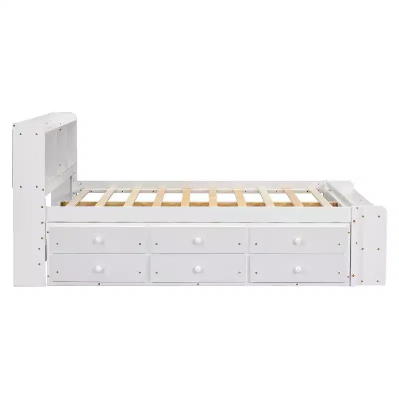Letto a piattaforma matrimoniale/grande, colore espresso/grigio/bianco con testiera a libreria e 6 cassetti portaoggetti, adatto per 1-2 persone