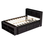 Letto a piattaforma matrimoniale/grande, colore espresso/grigio/bianco con testiera a libreria e 6 cassetti portaoggetti, adatto per 1-2 persone