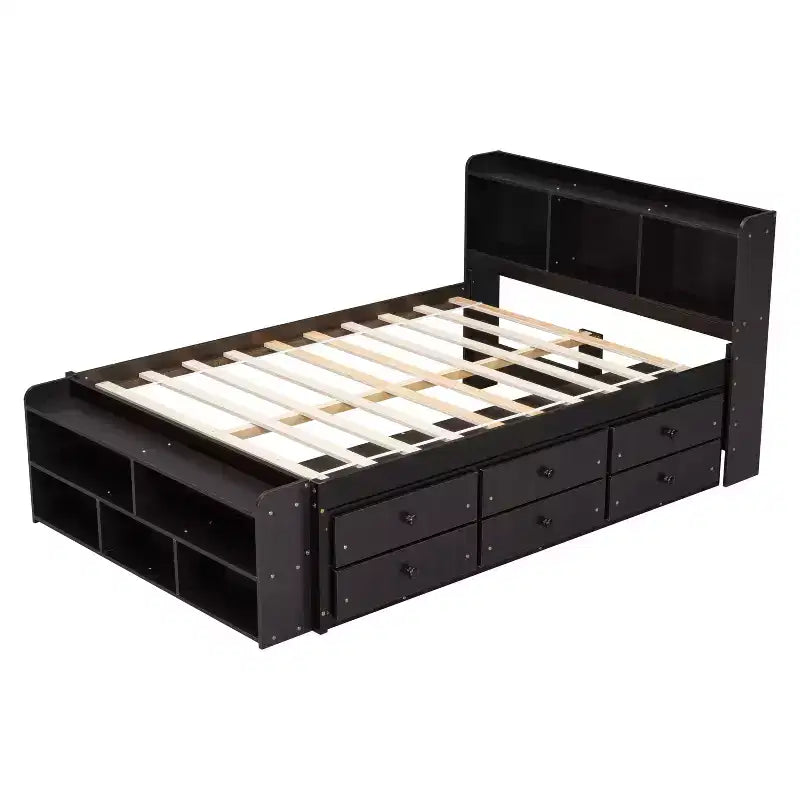Letto a piattaforma matrimoniale/grande, colore espresso/grigio/bianco con testiera a libreria e 6 cassetti portaoggetti, adatto per 1-2 persone