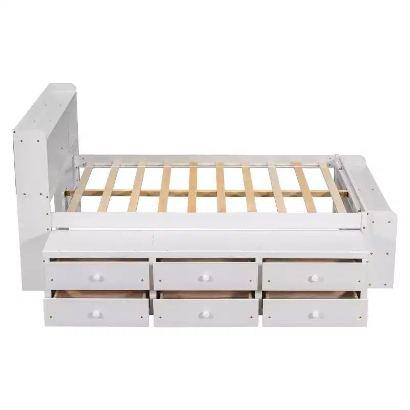 Letto a piattaforma matrimoniale/grande, colore espresso/grigio/bianco con testiera a libreria e 6 cassetti portaoggetti, adatto per 1-2 persone