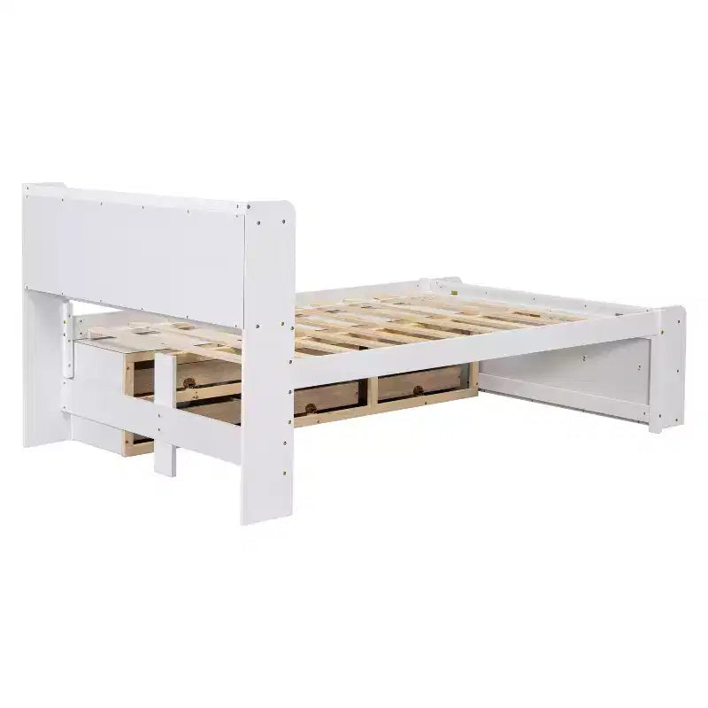 Letto a piattaforma matrimoniale/grande, colore espresso/grigio/bianco con testiera a libreria e 6 cassetti portaoggetti, adatto per 1-2 persone