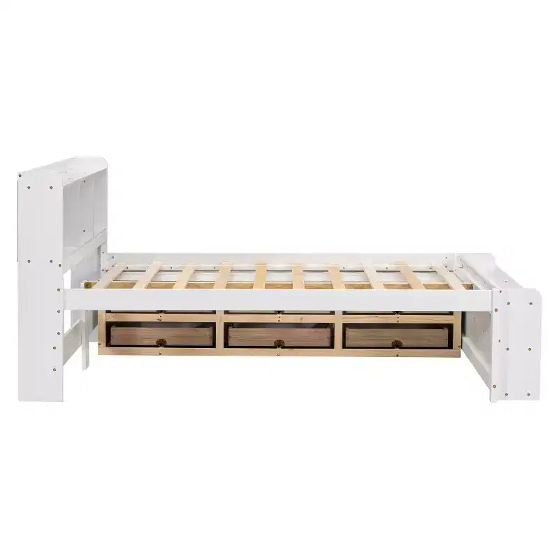 Letto a piattaforma matrimoniale/grande, colore espresso/grigio/bianco con testiera a libreria e 6 cassetti portaoggetti, adatto per 1-2 persone