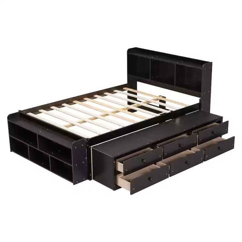 Letto a piattaforma matrimoniale/grande, colore espresso/grigio/bianco con testiera a libreria e 6 cassetti portaoggetti, adatto per 1-2 persone