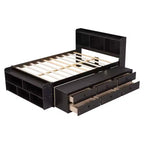 Letto a piattaforma matrimoniale/grande, colore espresso/grigio/bianco con testiera a libreria e 6 cassetti portaoggetti, adatto per 1-2 persone