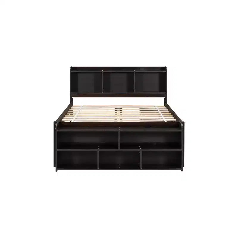 Letto a piattaforma matrimoniale/grande, colore espresso/grigio/bianco con testiera a libreria e 6 cassetti portaoggetti, adatto per 1-2 persone