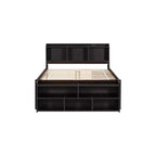 Letto a piattaforma matrimoniale/grande, colore espresso/grigio/bianco con testiera a libreria e 6 cassetti portaoggetti, adatto per 1-2 persone