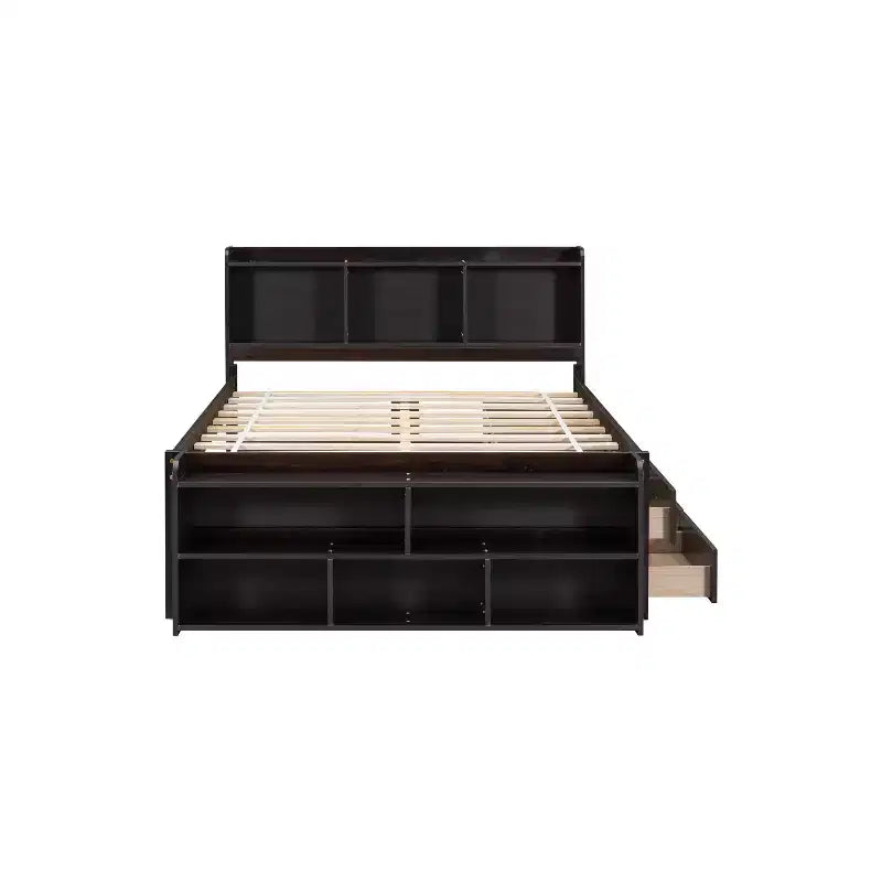 Letto a piattaforma matrimoniale/grande, colore espresso/grigio/bianco con testiera a libreria e 6 cassetti portaoggetti, adatto per 1-2 persone