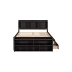 Letto a piattaforma matrimoniale/grande, colore espresso/grigio/bianco con testiera a libreria e 6 cassetti portaoggetti, adatto per 1-2 persone
