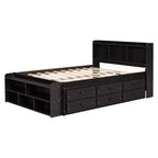 Letto a piattaforma matrimoniale/grande, colore espresso/grigio/bianco con testiera a libreria e 6 cassetti portaoggetti, adatto per 1-2 persone