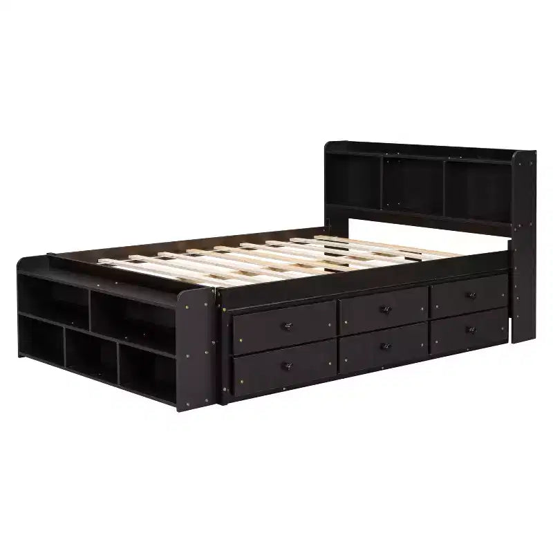 Letto a piattaforma matrimoniale/grande, colore espresso/grigio/bianco con testiera a libreria e 6 cassetti portaoggetti, adatto per 1-2 persone