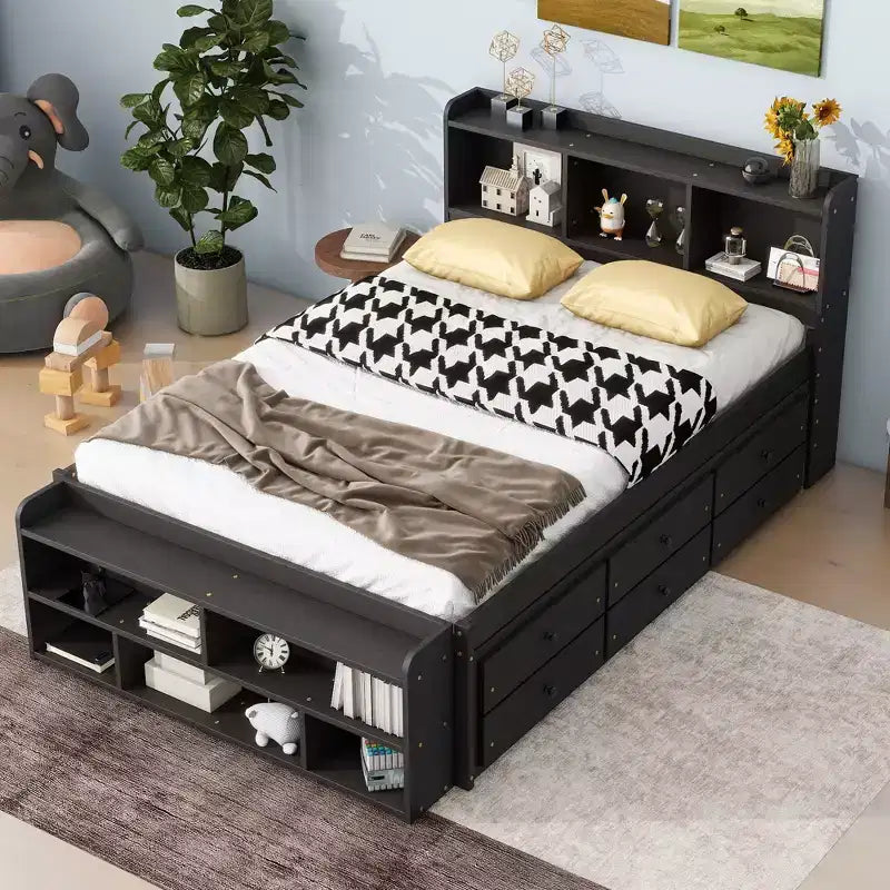 Letto a piattaforma matrimoniale/grande, colore espresso/grigio/bianco con testiera a libreria e 6 cassetti portaoggetti, adatto per 1-2 persone