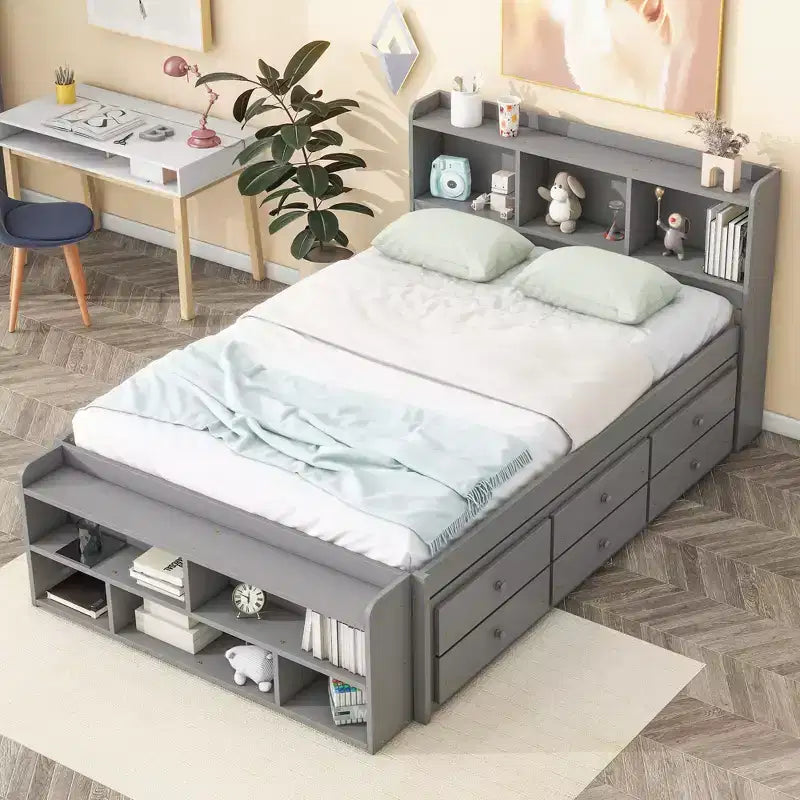 Letto a piattaforma matrimoniale/grande, colore espresso/grigio/bianco con testiera a libreria e 6 cassetti portaoggetti, adatto per 1-2 persone