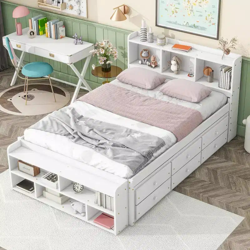 Whisen Full Bed with Bookcase Headboard & Storage