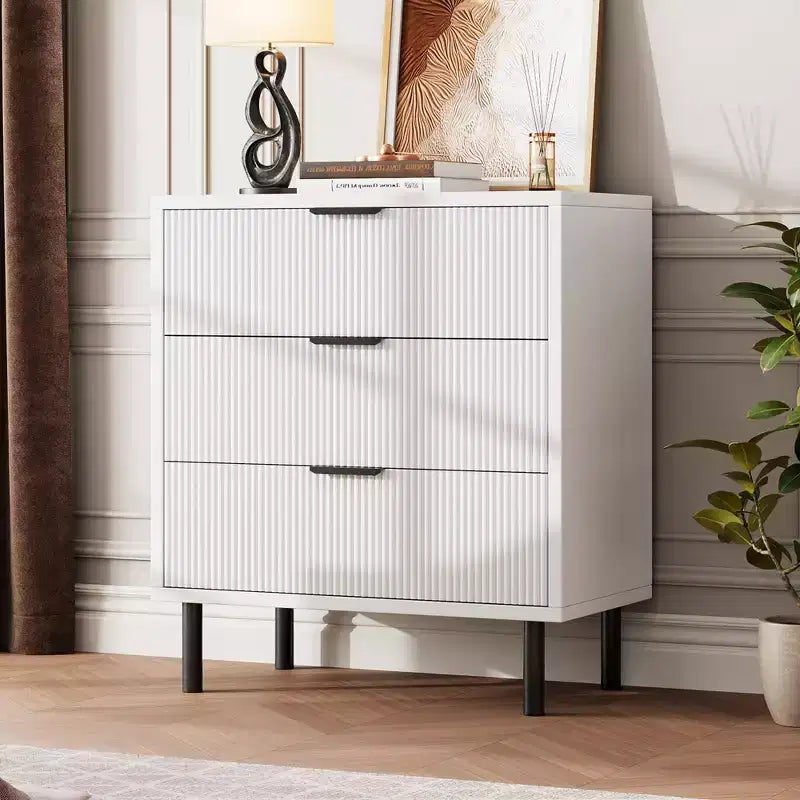Cassettiera a 3 cassetti scanalati Quercia/Bianco con gambe in metallo – Stile Moderno, Uso Singolo