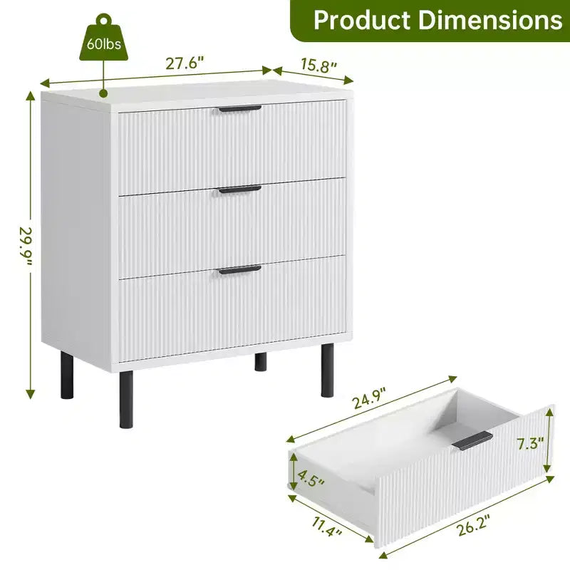 Cassettiera a 3 cassetti scanalati Quercia/Bianco con gambe in metallo – Stile Moderno, Uso Singolo