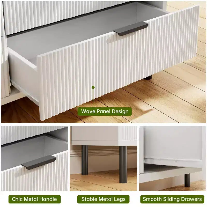 Cassettiera a 3 cassetti scanalati Quercia/Bianco con gambe in metallo – Stile Moderno, Uso Singolo